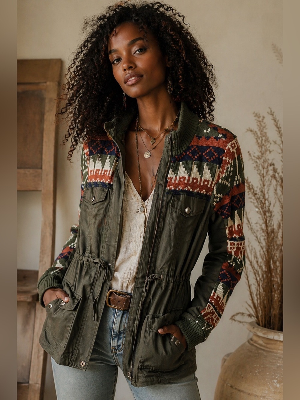 Blu Pepper Olive Green Utility Jacket With Aztec Sweater Details Size M